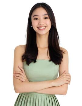 asian-woman-in-green-dress-smiling-photo